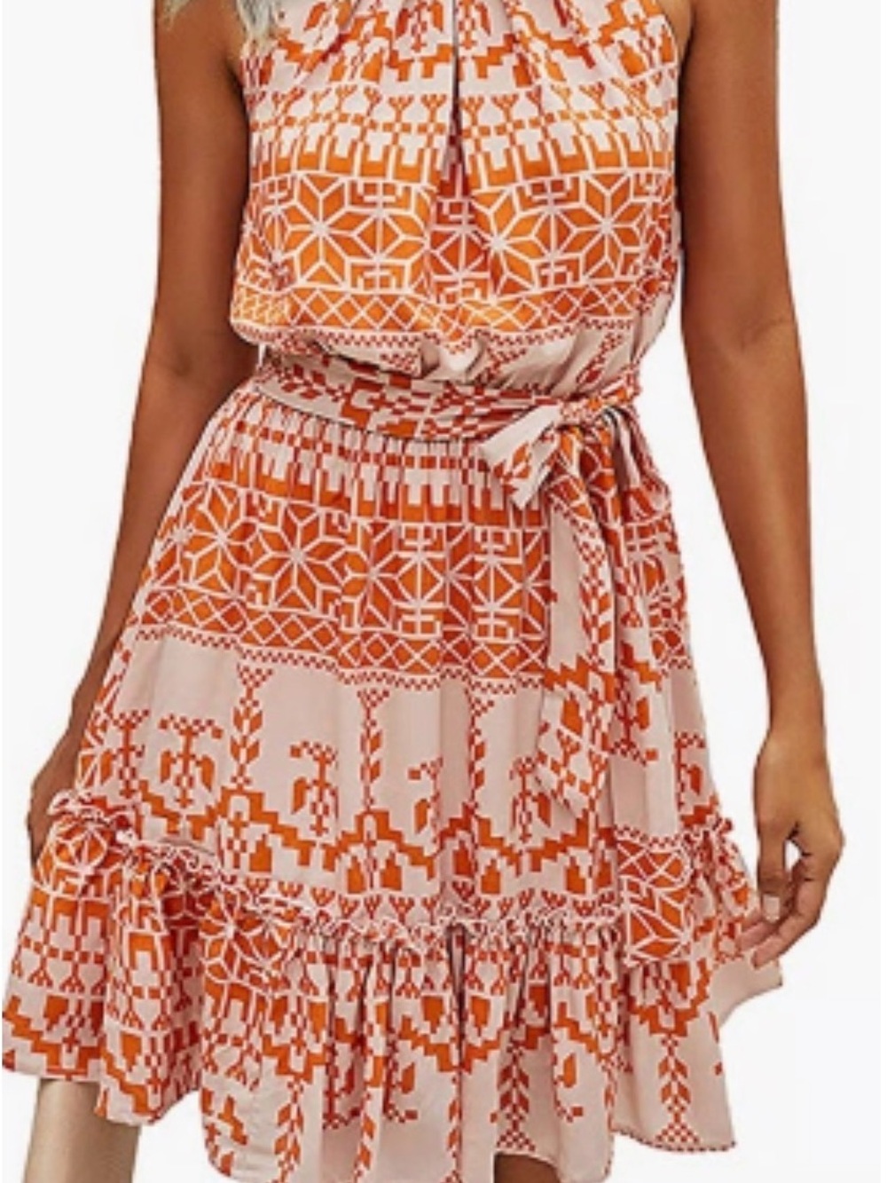 BTFBM Women's Orange Geo-Print Tie-Waist Mini Dress